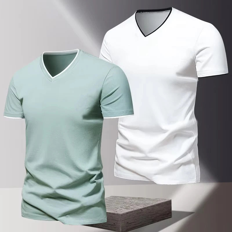 V-neck Short Sleeved Men's T-shirt, Men's Sports and Leisure T-shirt, Trendy and Simple Solid Color Base Shirt