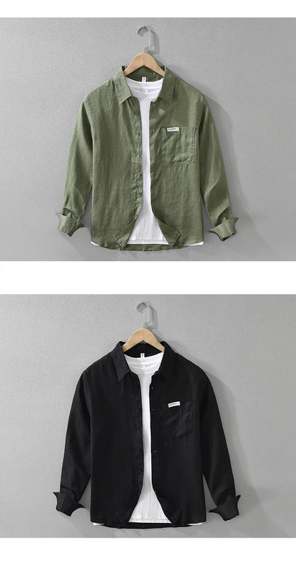 7627 100% Linen White Shirt for Men Spring Summer Fashion Solid Color Long Sleeve Simple Basic Business Casual Lapel Blouse Tops