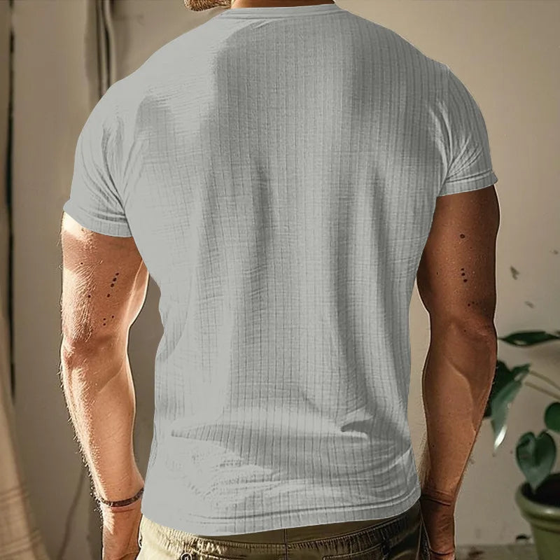 New Mens T-shirt Henley Shirt Slim Fit Round Neck Solid Color Casual Summer Short Sleeved T-shirt for Men