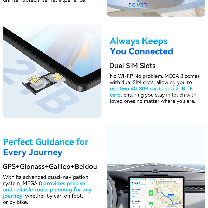 Blackview MEGA 8 Tablet 13 inch FHD+ Display 11000mAh 256GB 512GB AI Android 15 50Mp Camera 4 BOX Speakers 4G Pad PC