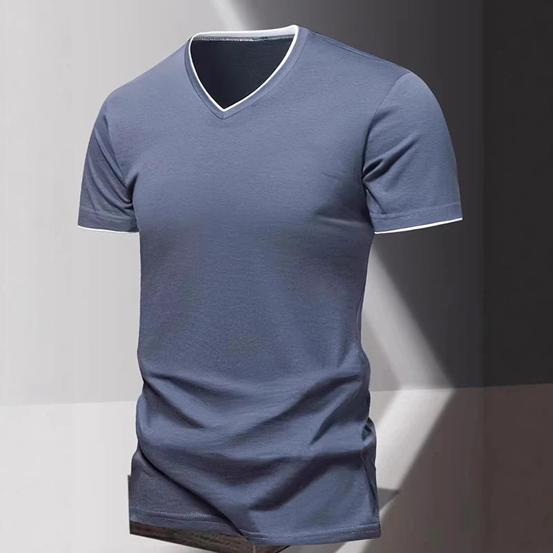 V-neck Short Sleeved Men's T-shirt, Men's Sports and Leisure T-shirt, Trendy and Simple Solid Color Base Shirt