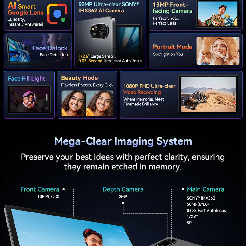 Blackview MEGA 8 Tablet 13 inch FHD+ Display 11000mAh 256GB 512GB AI Android 15 50Mp Camera 4 BOX Speakers 4G Pad PC