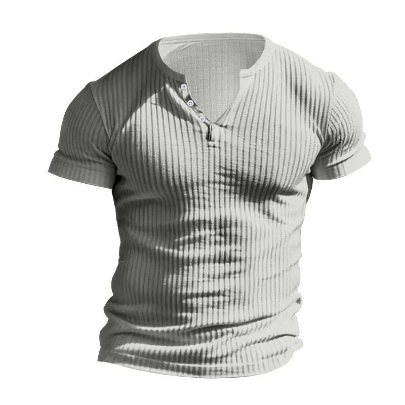 New Mens T-shirt Henley Shirt Slim Fit Round Neck Solid Color Casual Summer Short Sleeved T-shirt for Men