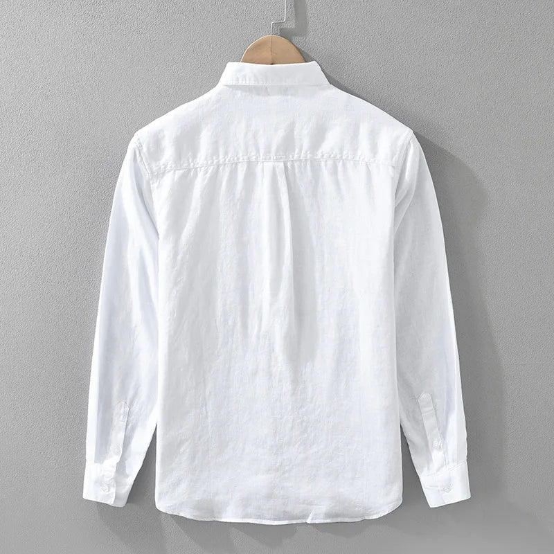 7627 100% Linen White Shirt for Men Spring Summer Fashion Solid Color Long Sleeve Simple Basic Business Casual Lapel Blouse Tops