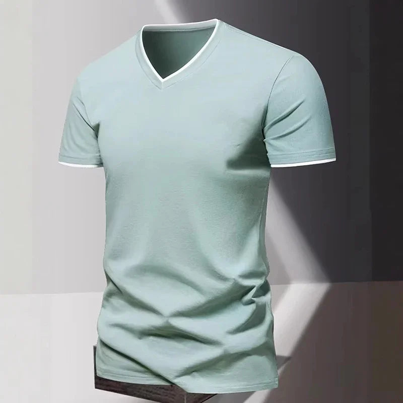 V-neck Short Sleeved Men's T-shirt, Men's Sports and Leisure T-shirt, Trendy and Simple Solid Color Base Shirt