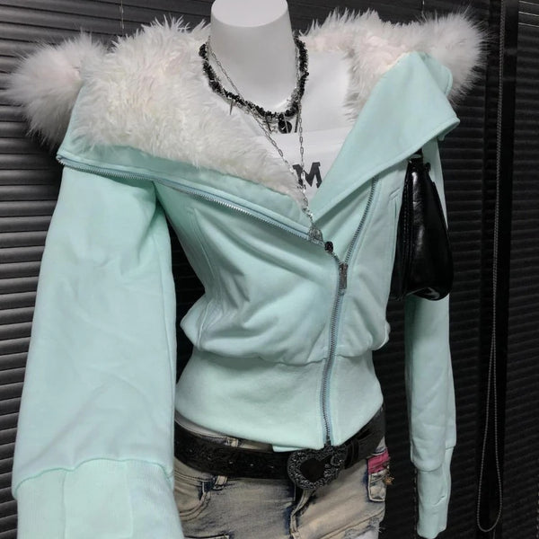 American Style Retro Slim Fit Hooded Coat Aesthetics Y2k Vintage Short Cardigan Solid Fashion Warm Faux Fur Jacket Woman