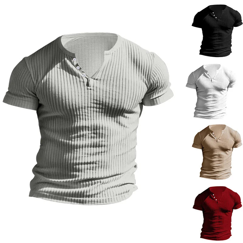 New Mens T-shirt Henley Shirt Slim Fit Round Neck Solid Color Casual Summer Short Sleeved T-shirt for Men
