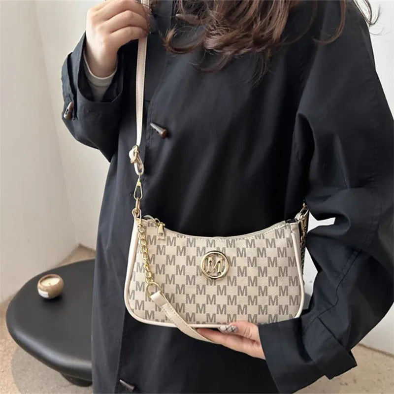 Vintage Style Handbag Crossbody Bag, Gold Letter 'M' Design Pu Leather Shoulder Messenger Bag, Synthetic Leather Tote Bag, Purse