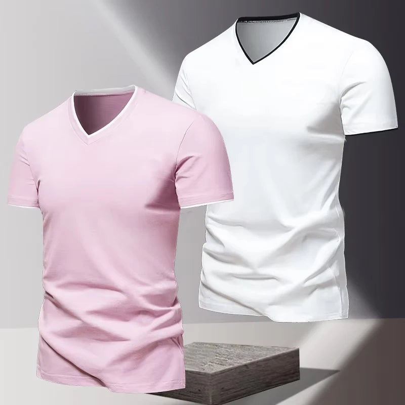 V-neck Short Sleeved Men's T-shirt, Men's Sports and Leisure T-shirt, Trendy and Simple Solid Color Base Shirt