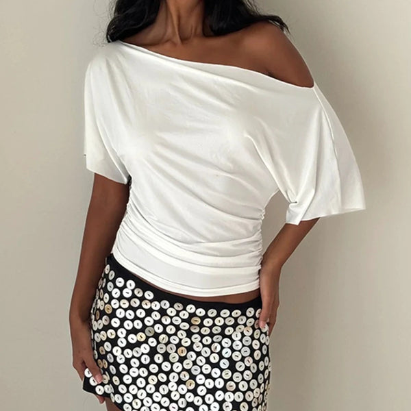 Off Shoulder Ruched Crop Top Women Basics Solid Color Skew Collar Short Sleeve T-shirts Summer Casual Streetwear Tees