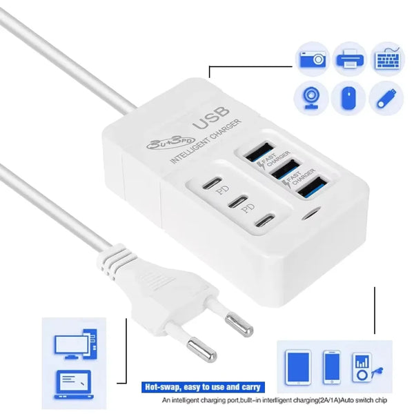 6 IN 1 USB Charger 35W PD Type C Fast Charge Wall Phone Adapter Quick Charger 3.0 USB Hub EU US Plug USB Type C Charger
