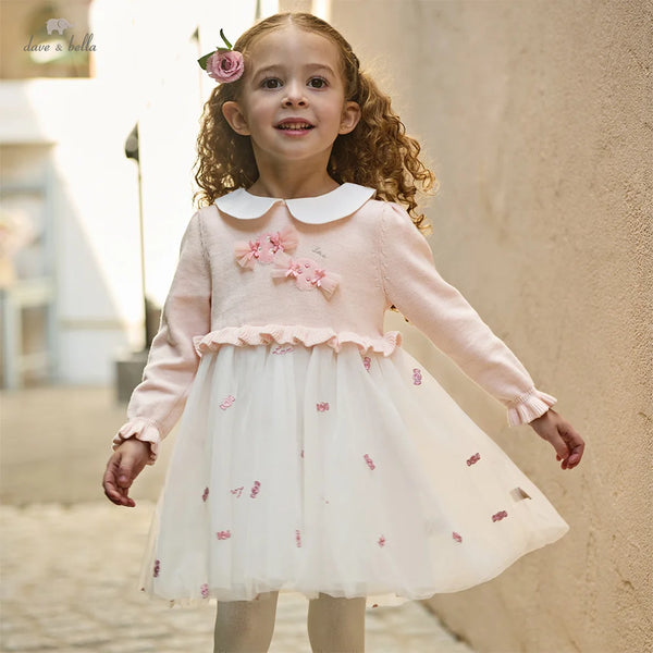 Dave Bella Girls Sweater Dress Spring Summer Long Sleeve Baby Kids Cotton Mesh Skirt Sweet Outerwear Children Clothing DB1260232