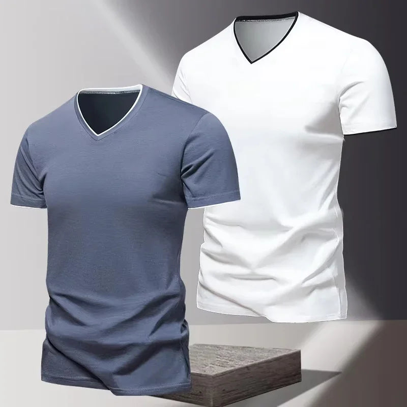 V-neck Short Sleeved Men's T-shirt, Men's Sports and Leisure T-shirt, Trendy and Simple Solid Color Base Shirt
