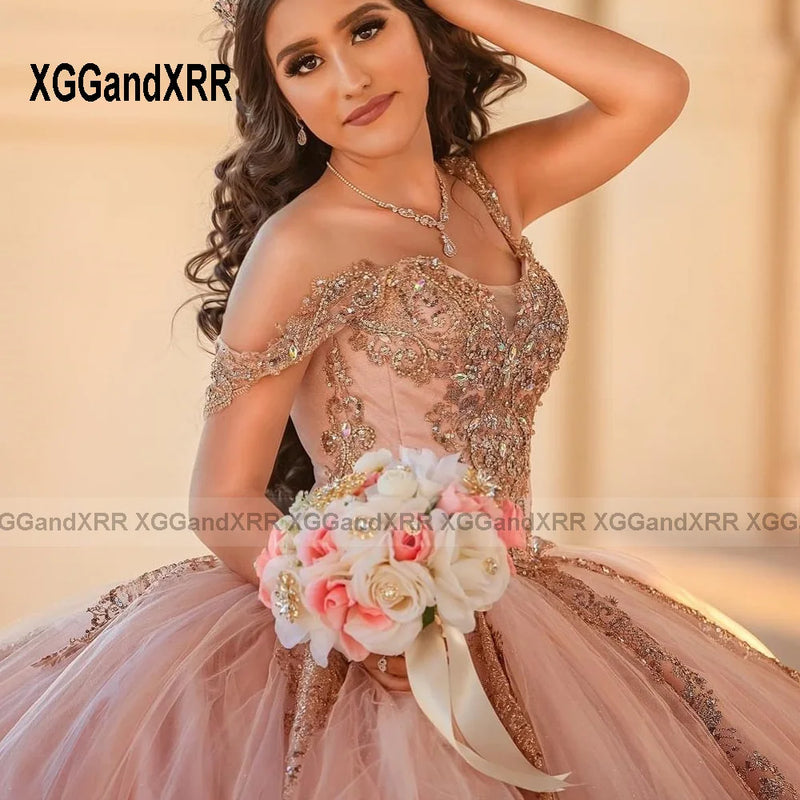 Customized Pink Quinceanera Dresses 2026 Ball Gown Rose Gold Lace Applique Princess Sweet 16 Dress Birthday Party Vestido De 15