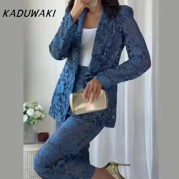 KADUWAKI Retro Lace Pants 2 Piece Set Fashion Sheer Lapel Long Sleeve Blazer Straight Pants Elegant Chic Commute Women's Suit