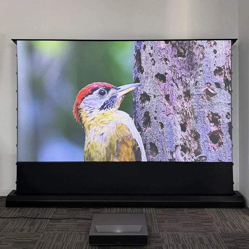 2025 Hot 150 Max Electric Tab Tension Floor Rising ALR Projector Screen Ambient Light Rejecting Motorized for UST Laser TV 3D 8K