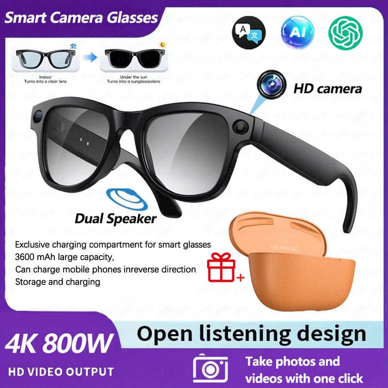 2026 AI Smart Glasses 4K HD Video 800W Camera 32GB WiFi Transfer Bluetooth Call Voice Assistant Chat GPT 3600mAh Charging Case